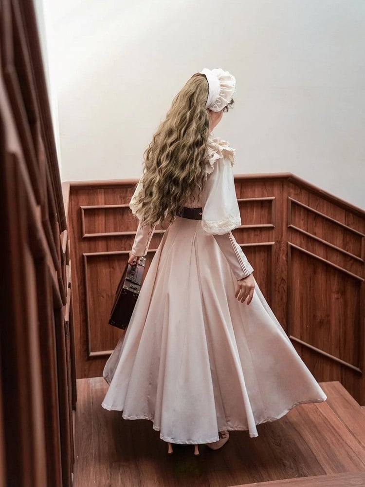 Long-Sleeve Ruffled Beige Classic Dress Elegant Waist Lolita High