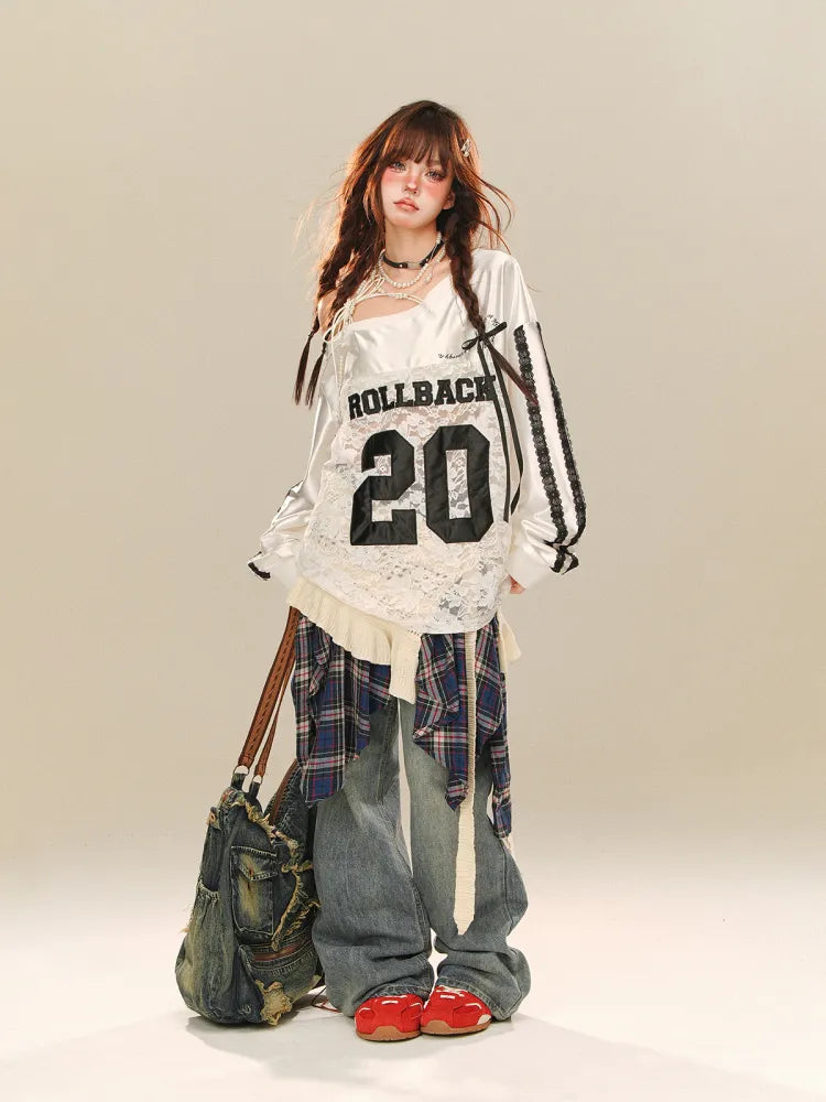 for S Accessory with Cut - Plaid Clearance Waist Wide-leg 64CM Jeans Size Blue