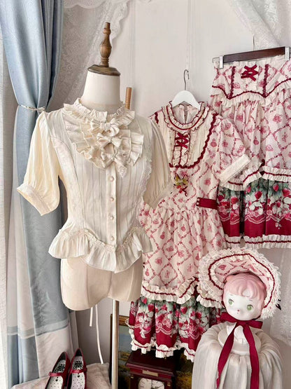 Ruffled Beige & White Shirt with Bowknots & Detachable Bell Sleeves - Currant