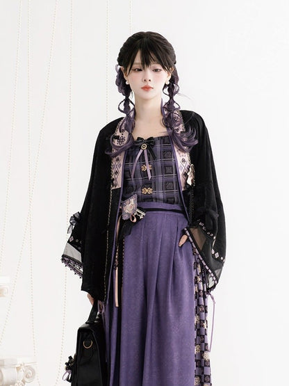 Black Morden Hanfu Elements Moon Rabbit Embroidery Outerwear with Lace & Bowknots - Luo Xiu Dong Xiang