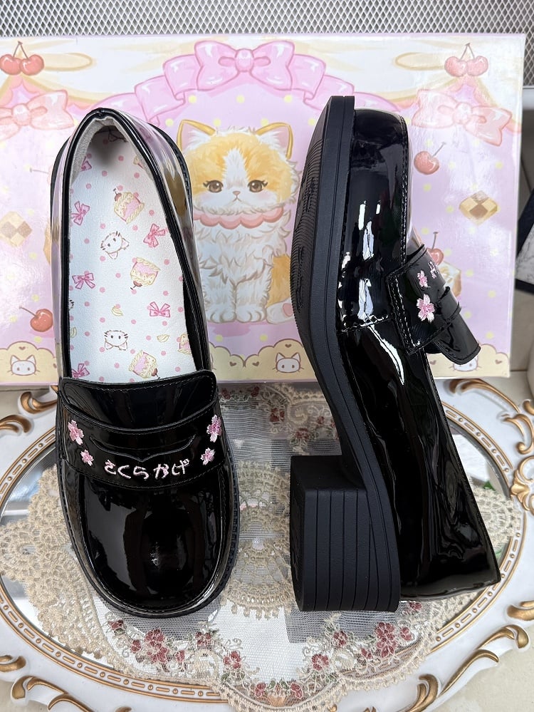 Slip-On Design, Sakura & Japanese Stitching PU Black Low/Mid Heels in Preppy Style