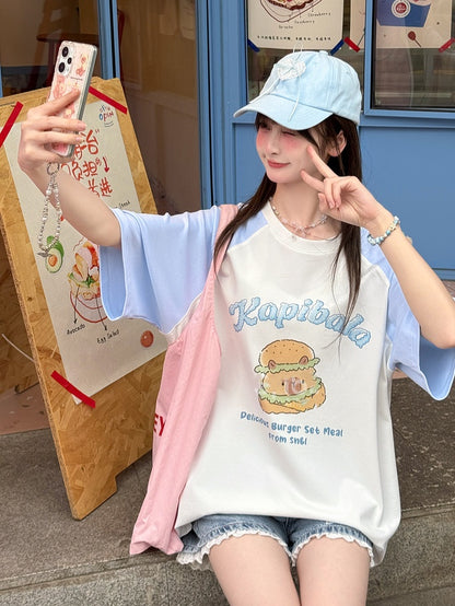 Blue Colorblock Design Capybara Burger Print T-Shirt Long/Short Version
