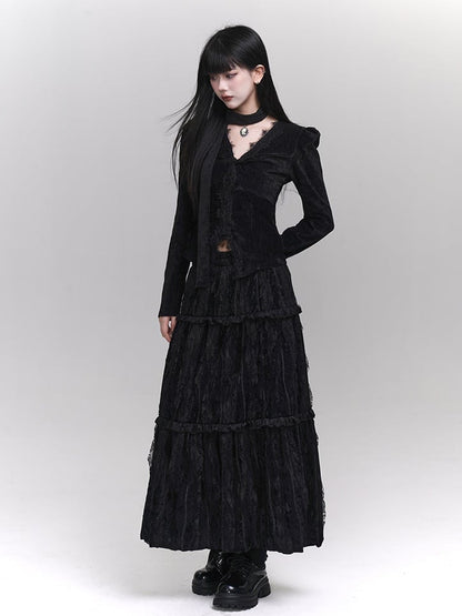 Gothic Black Lace V-Neck Slim-fitting Top