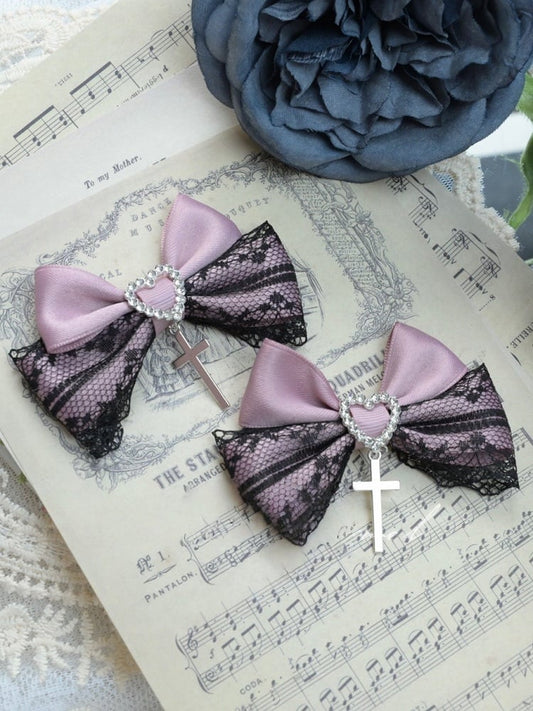 Bow Dusty Clip Charm Black Heart Jirai Cross Pink Lace with Hair Kei