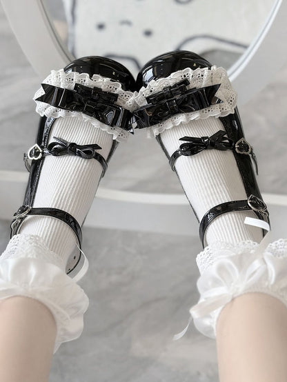 Heel - Mary PU Trim Lace with Ruffled Heart Black Sweet Janes Lolita Low Buckle