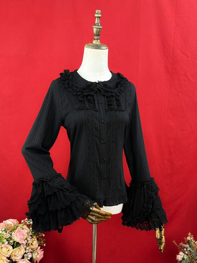 Bell Sleeves Lolita Cotton Jacquard Black Long Blouse