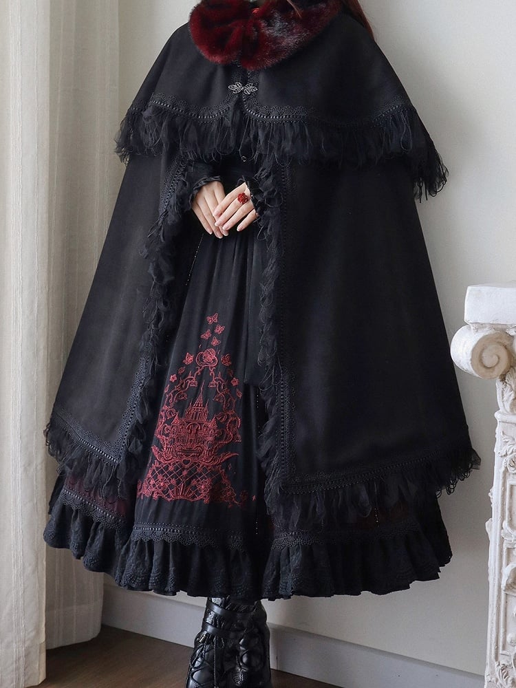 Trim Distress and Red Cape Fur Black Lolita Collar with Gothic Faux