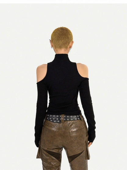 Ebony High Neck Cut-out Long Sleeve Top with Sunflower Decoration
