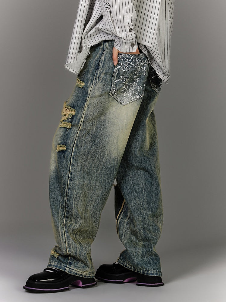 Blaue Vintage-Jeans mit tiefem Bein und Schnürung in der Taille, verblasste Waschung, Distressed-Löcher