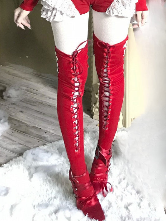 - with Design Lace-Up Cross Red Christmas Embellishments Over-knee Stockings