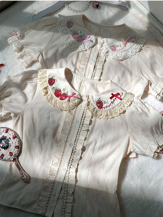 Red with Strawberry Short-Sleeve Off-White Embroidery Blouse Lolita Ruffled