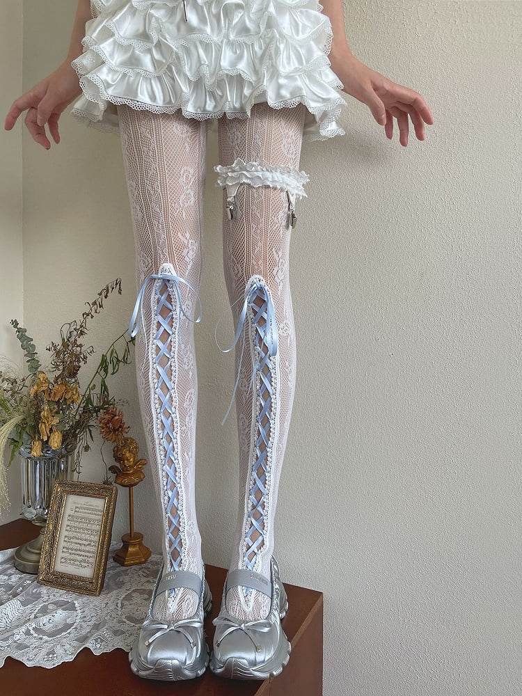 花柄タイツ ブルー くり抜き柄 レースアップディテール