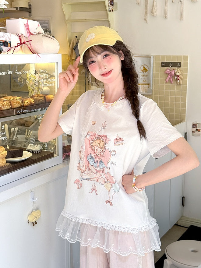 Pink/White Girl Print Lace Trim T-Shirt Cute Round Neck