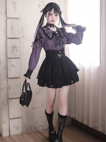 Kei-Kragen Gothic Schwarz und Stil Spitze Bluse: Dunkelviolette Ausschnitte mit Royal Lace Jirai