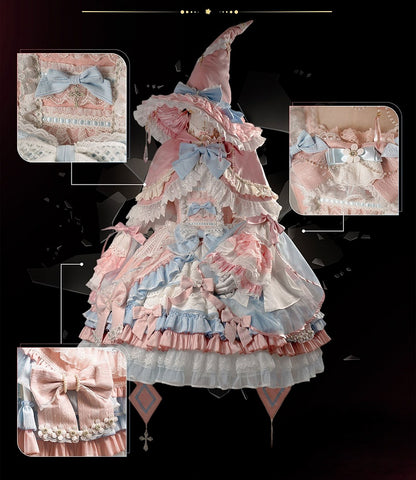 Witch-Themed Lolita JSK Full Ensemble in Pink and Blue with Bow Train, Cape, Detachable Sleeves, Hat and Outer Sleeves - Felinae Cookie