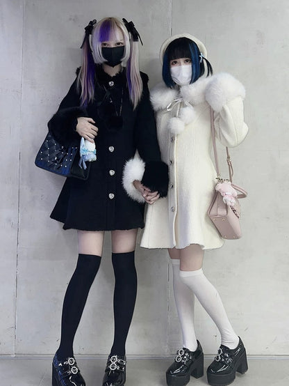 and Furry with Coat Kei Jirai Black Cuffs Slim-Fit Rhinestone-Embellished Collar