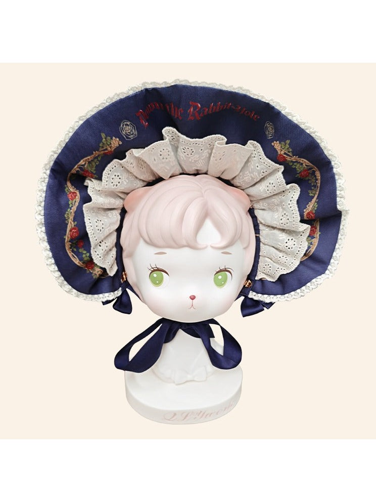 Dark Blue Floral Print Lolita Bonnet Style - Stars Fall on the Foggy Island