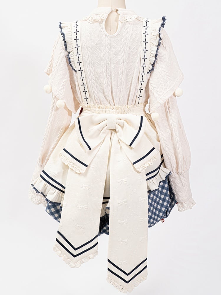 Haut tricoté blanc à manches longues, tablier, short bloomer à carreaux bleus, ensemble complet Sweet Lolita