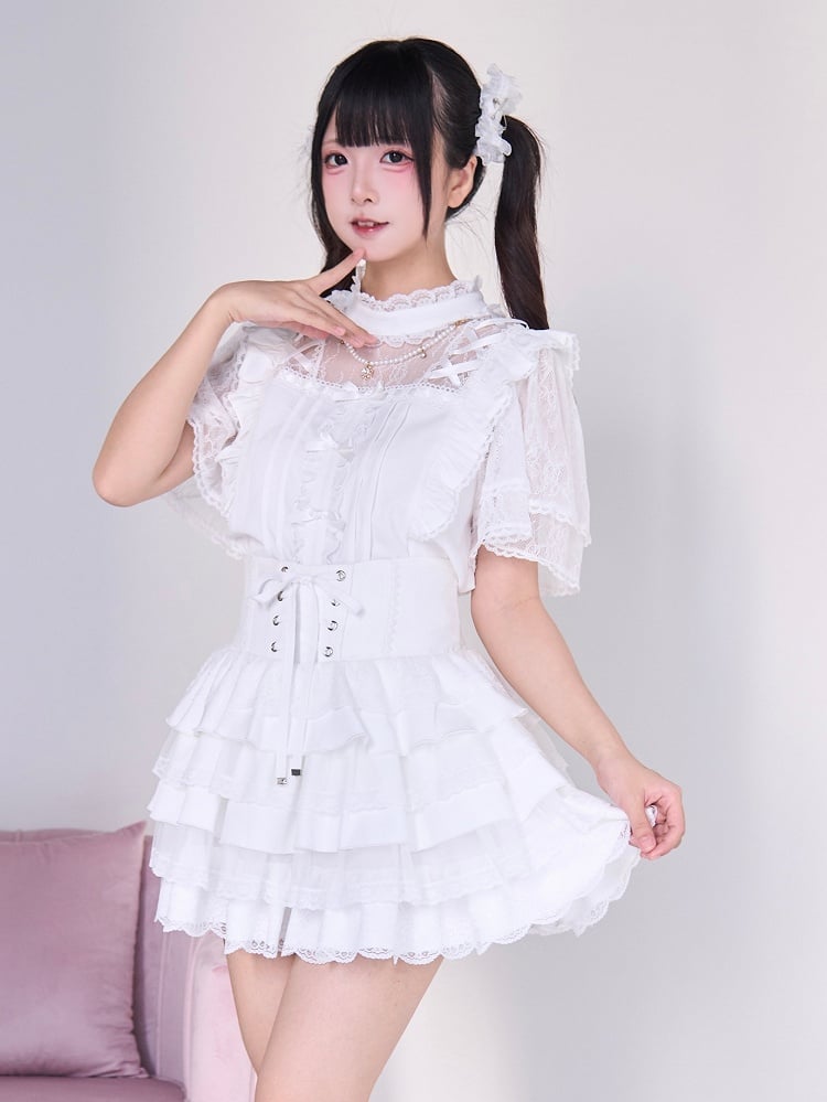 Sleeves Jirai Kei White Short Blouse with Criss-cross Illusion Neckline and Beaded Chains