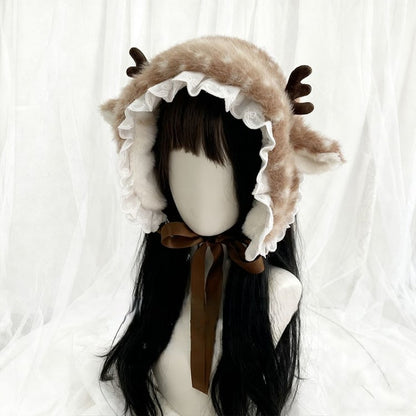 Tied Deer Lolita Sweet Lace Hat Trim Plush Earflap Spotted