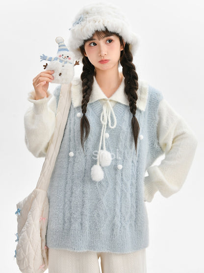 Cute Snowman Adorned Blue V-neck Mohair Vest