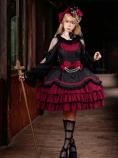 Ruffle Bead Red with Dress Accents Layered Bow Classic and Black Elegant Lolita