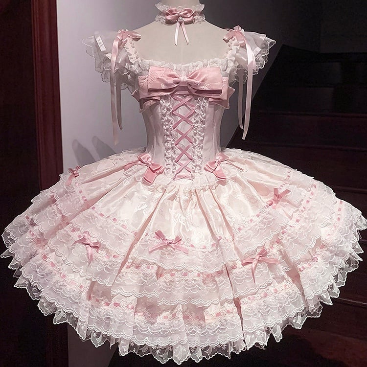 Details Dress Lace Jacquard with Lolita Pink Bow Princess Multi-Layered