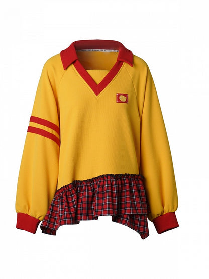 Waffle Knit Yellow and Red Long-Sleeved Top with Asymmetrical Plaid Hem - PINK SAVIOR