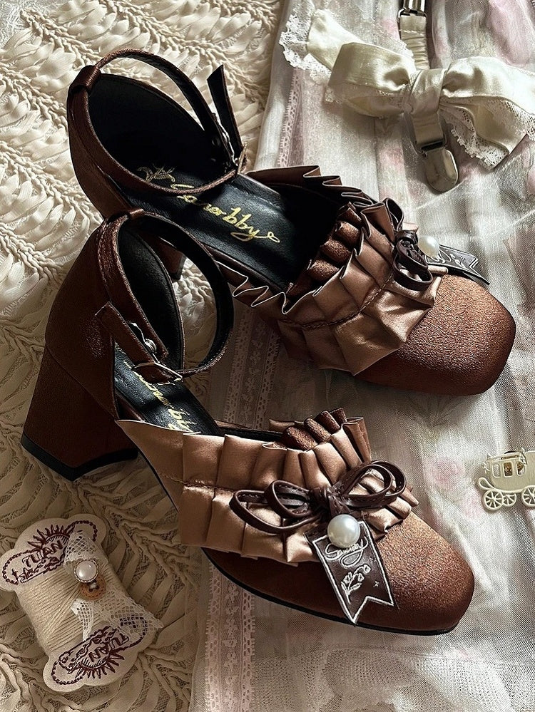 Victorian Ankle Bow with Mid Heel - Square-Toe Sandals Style Detachable Closure Bead Lolita Brown