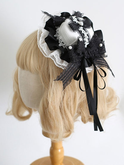 Beaded Lace Sweet Clips Details Bowknot Trim WhiteBlack Hat Mini Decorated With Lolita