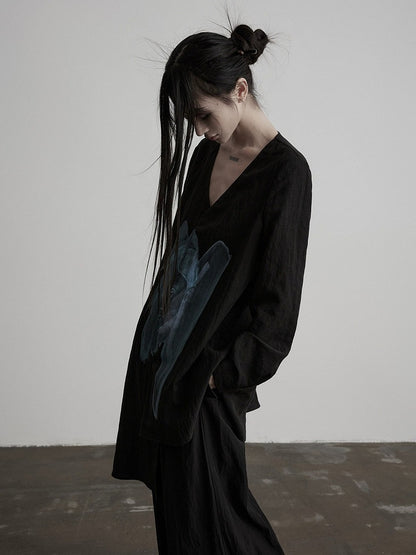 Asymmetric V-Neck Long Sleeve Top with Figure Print - INDULGE