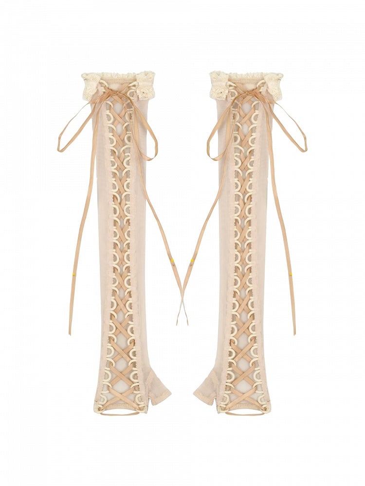 Apricot Lace-up Straps Gloves
