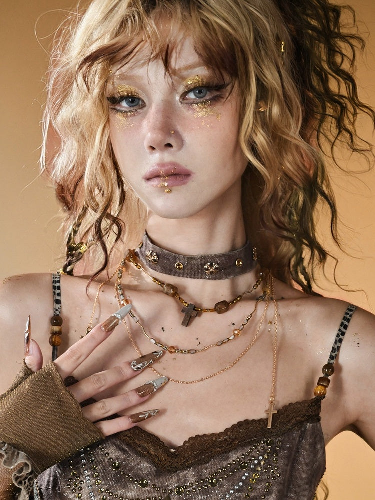 Braune Halskette mit Kreuzanhänger, Punk-Perlen-Halsband mit Ödland