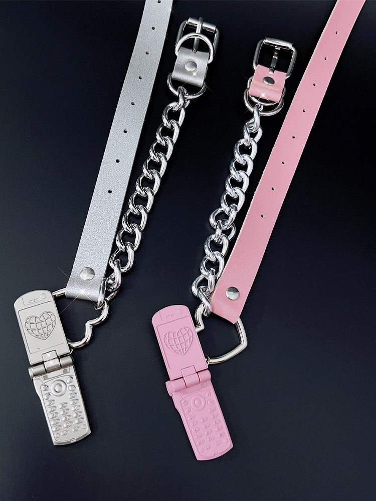 PU Pink/Silver Phone Y2K Pendant Choker