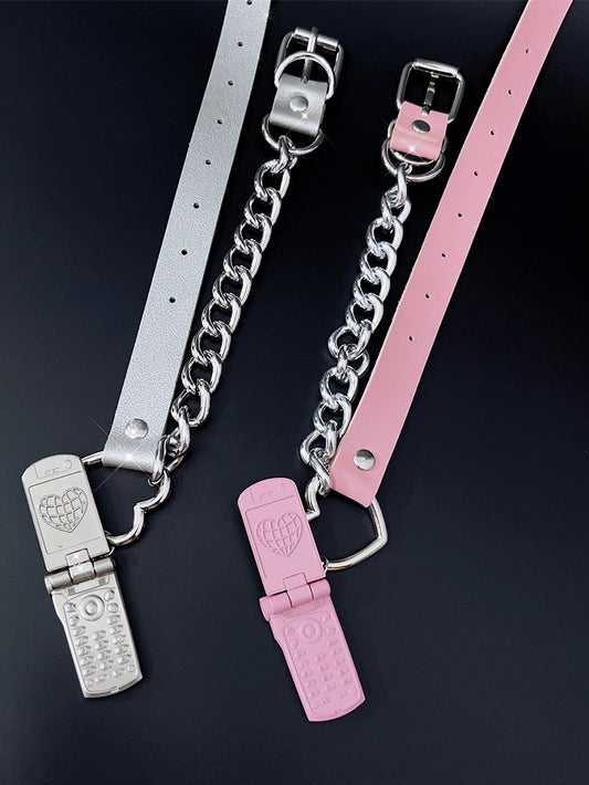 PU Pink/Silber Telefon Y2K Anhänger Choker