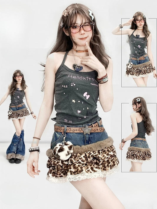 Letter Top Gray Print Kitty Glamorous Cami And Y2K