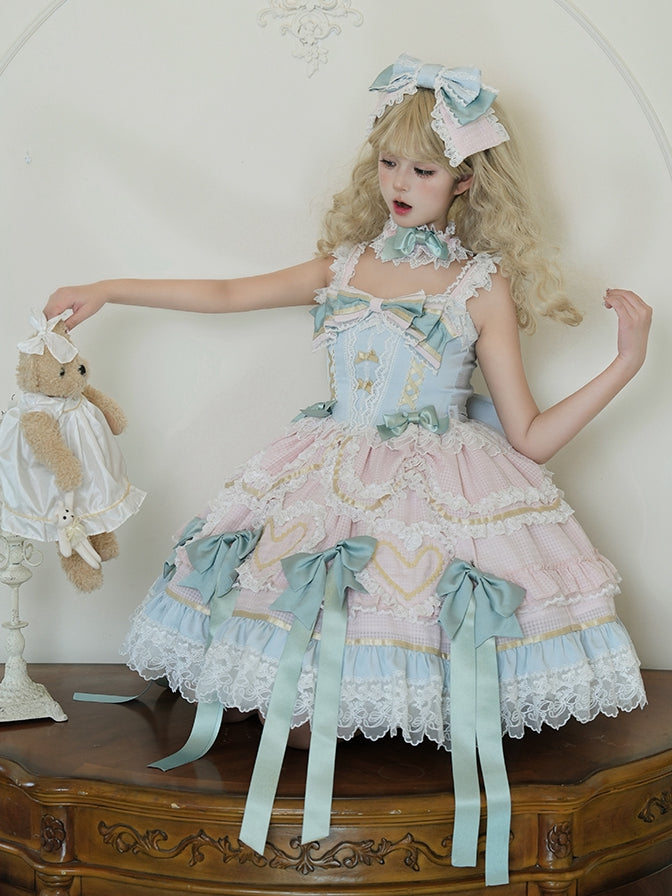 Mintgrünes Schleifen-Rosa und Blaues süßes Lolita-Korsettkleid mit Choker