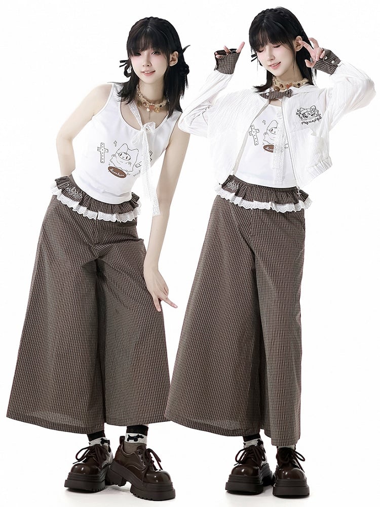 フリルレーストリムウエストワイドレッグパンツ ブラウンチェック