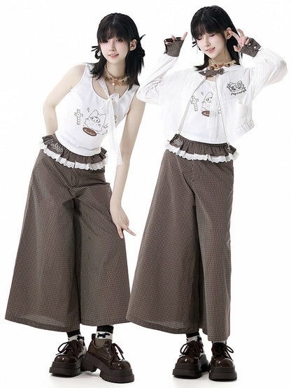 フリルレーストリムウエストワイドレッグパンツ ブラウンチェック