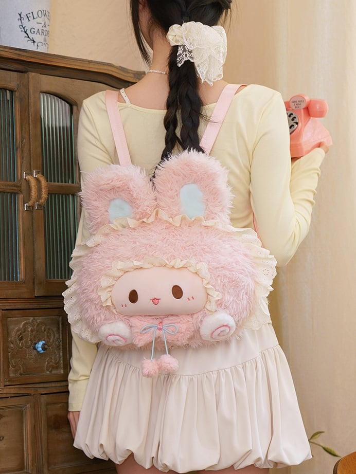 Backpack Plush Rabbit-shaped Trim Lace Pink