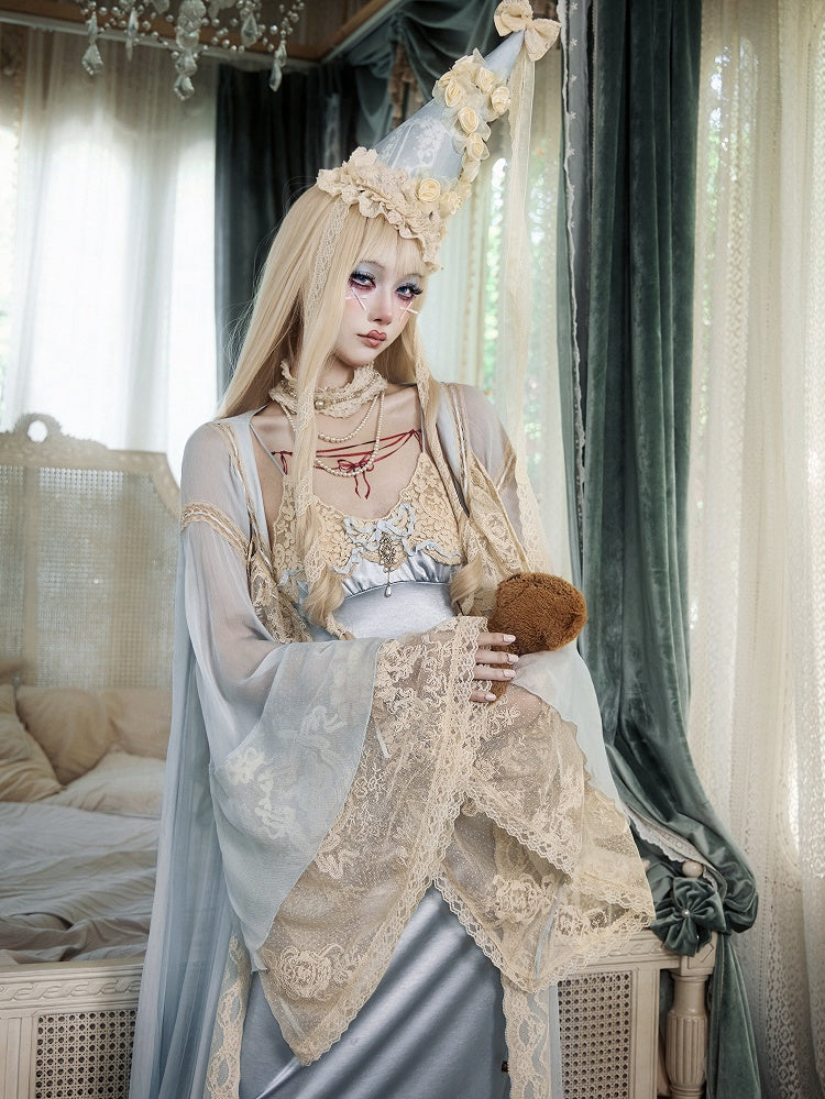 Baby Blue Bell Sleeve Flared Robe with Apricot Lace Details - Blood Supply