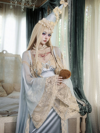 Baby Blue Bell Sleeve Flared Robe with Apricot Lace Details - Blood Supply