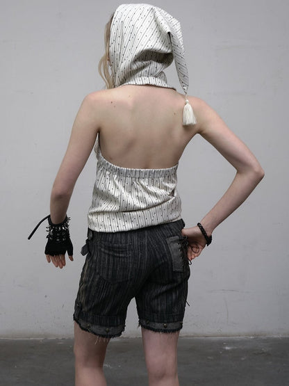 プリントトップ ホワイト スター柄 レースアップ ノースリーブ パーカー ストライプディテール