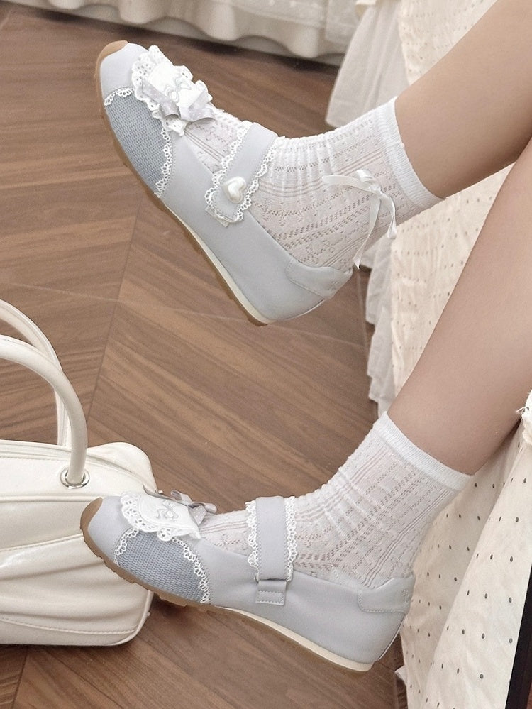 Sneakers Flat with Sweet Bow Lace Edging Gray Decorative Lolita - Velcro Fastening Style