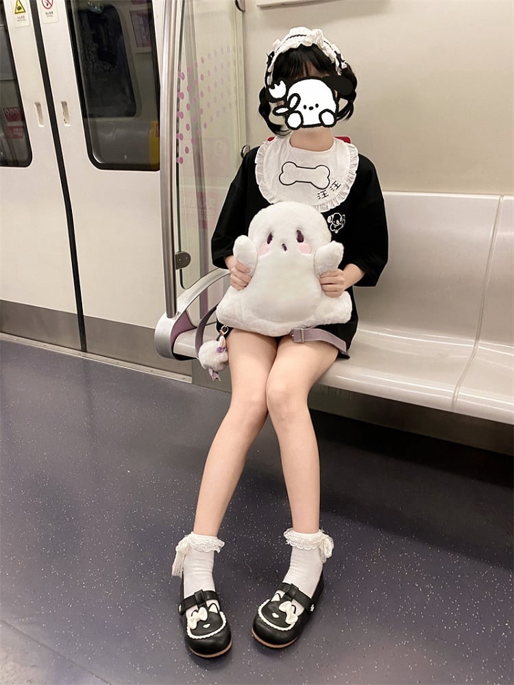 Ghost Shape Fleece Backpack in White with Taro Purple Straps Clearance - GURURU MARKET