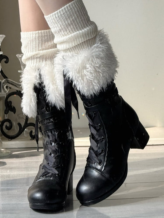 Boots Clasp - Mid-heel Top with at Sophisticated Lolita Multi-Closure Romantic Bow Black