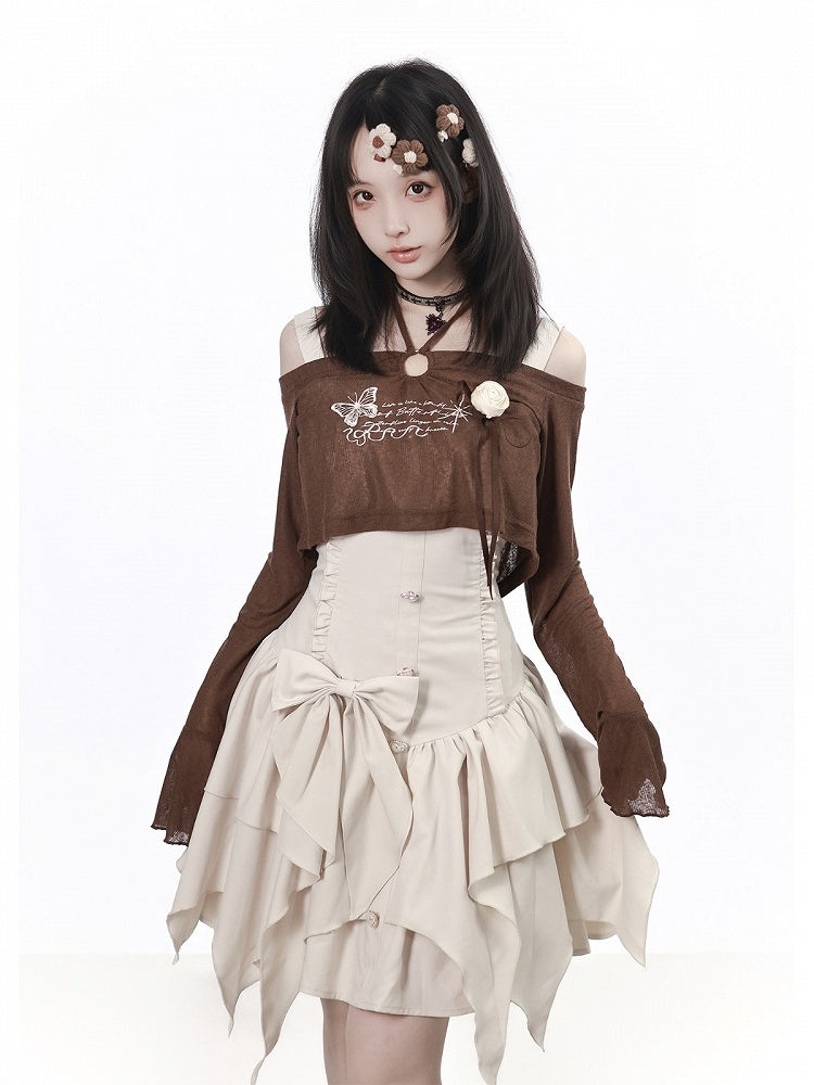 Brown Flare-Sleeve Cropped Top with Butterfly Print & Rose - PINK SAVIOR