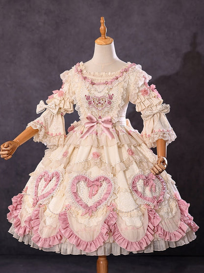 Beige Hanayome Rosette Stickerei Blumen und Perlenkette Lolita OP Komplettset