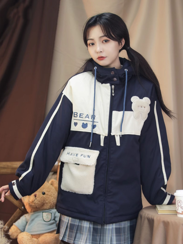 Blue/Pink Colorblock Jacket Plush Zip-Up Padded with Hood Teddy Patch