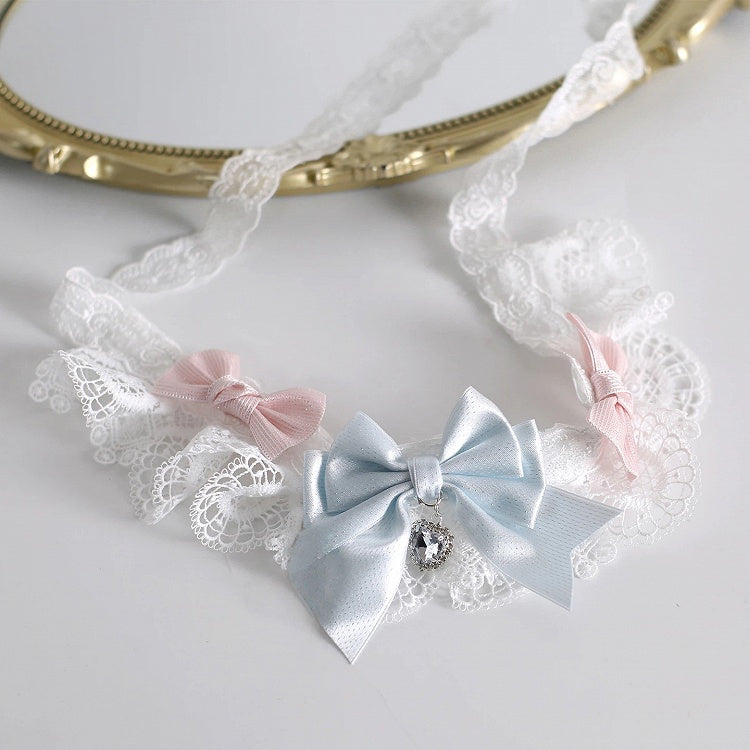 Choker Lace Blue Pendant Pink Light Layered Crystal with